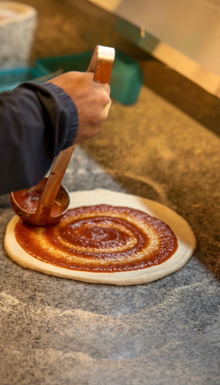 Zubereitung einer Pizza mit Tomatensauce im Rusty and Co in Krefeld