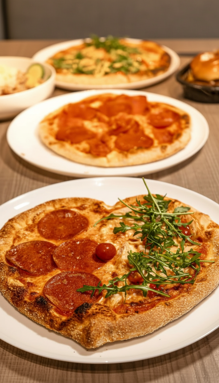Pizza halb halb mit verschiedenen Belägen im Rusty and Co in Krefeld