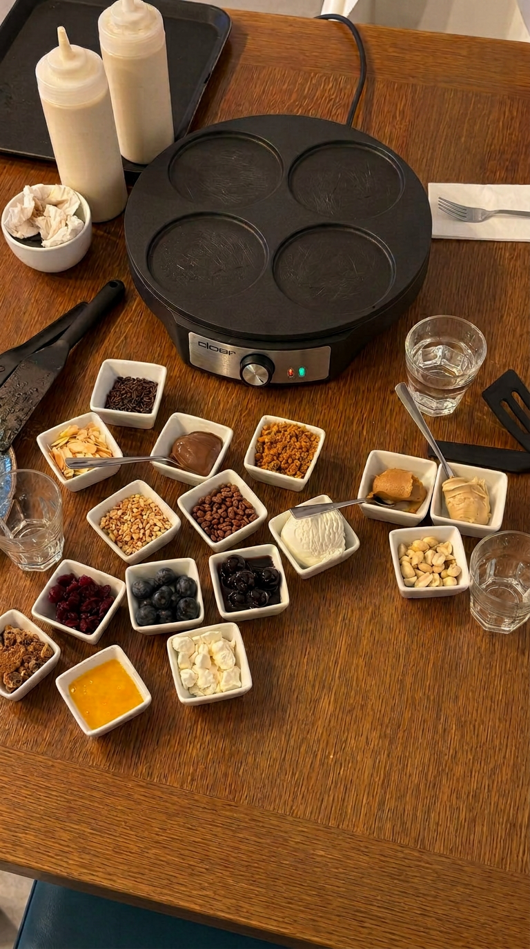 DIY All You Can Eat Pancakes bei PancakeOrama Troisdorf – große Auswahl an Toppings, Früchten, Nüssen, Saucen und Zutaten zum individuellen Belegen der Pancakes