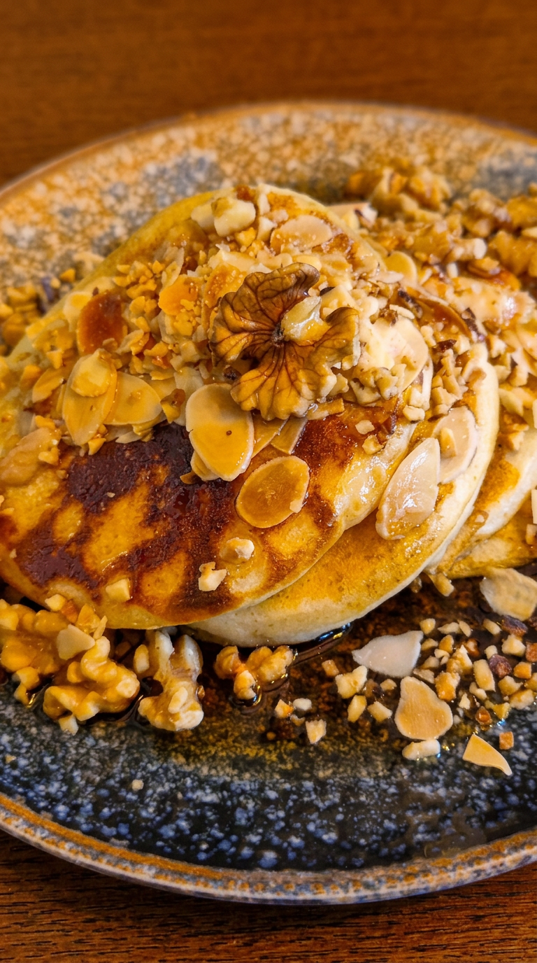 Pancakes bei PancakeOrama Troisdorf – Nahaufnahme von fluffigen Pancakes mit Bananen, Nüssen und knusprigen Toppings als süße Kreation