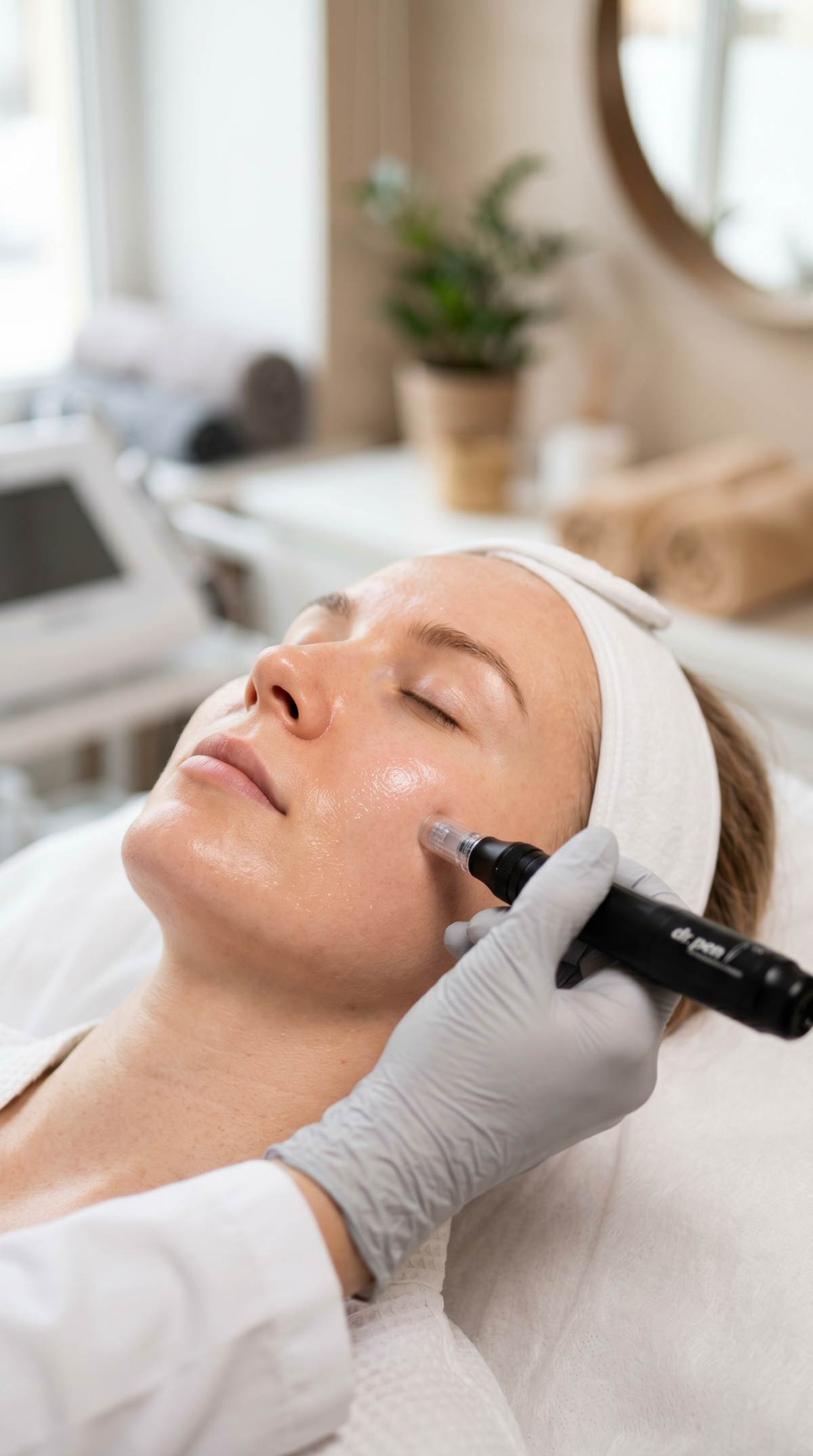 Microneedling bei Laserlux München – Nahaufnahme einer professionellen Behandlung im Wangenbereich zur Anregung der Hauterneuerung und Verfeinerung des Hautbildes