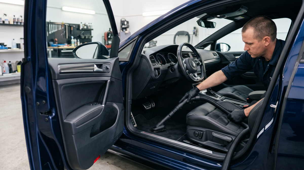 Fahrzeugaufbereitung bei GTR Autopflege und Smartrepair Köln – professionelle Innenraumreinigung eines Pkw mit Staubsauger für ein sauberes und gepflegtes Fahrzeuginterieur