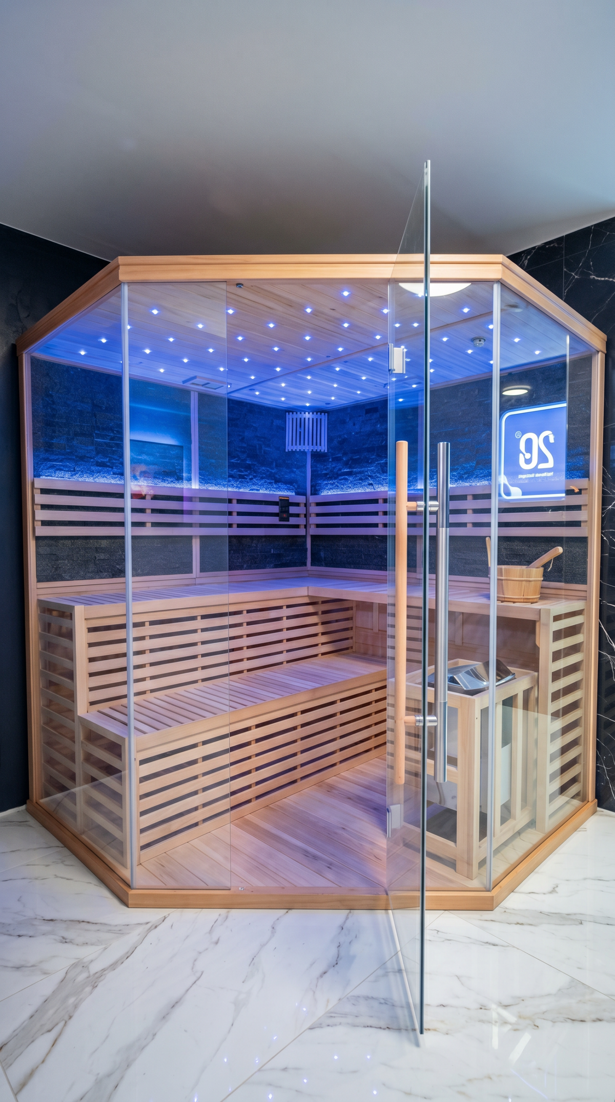Sauna im Private Spa der Wellnesslounge Hanau – moderne Wellnesssauna mit Panoramafenster, stimmungsvoller Beleuchtung und exklusiver Wohlfühlatmosphäre