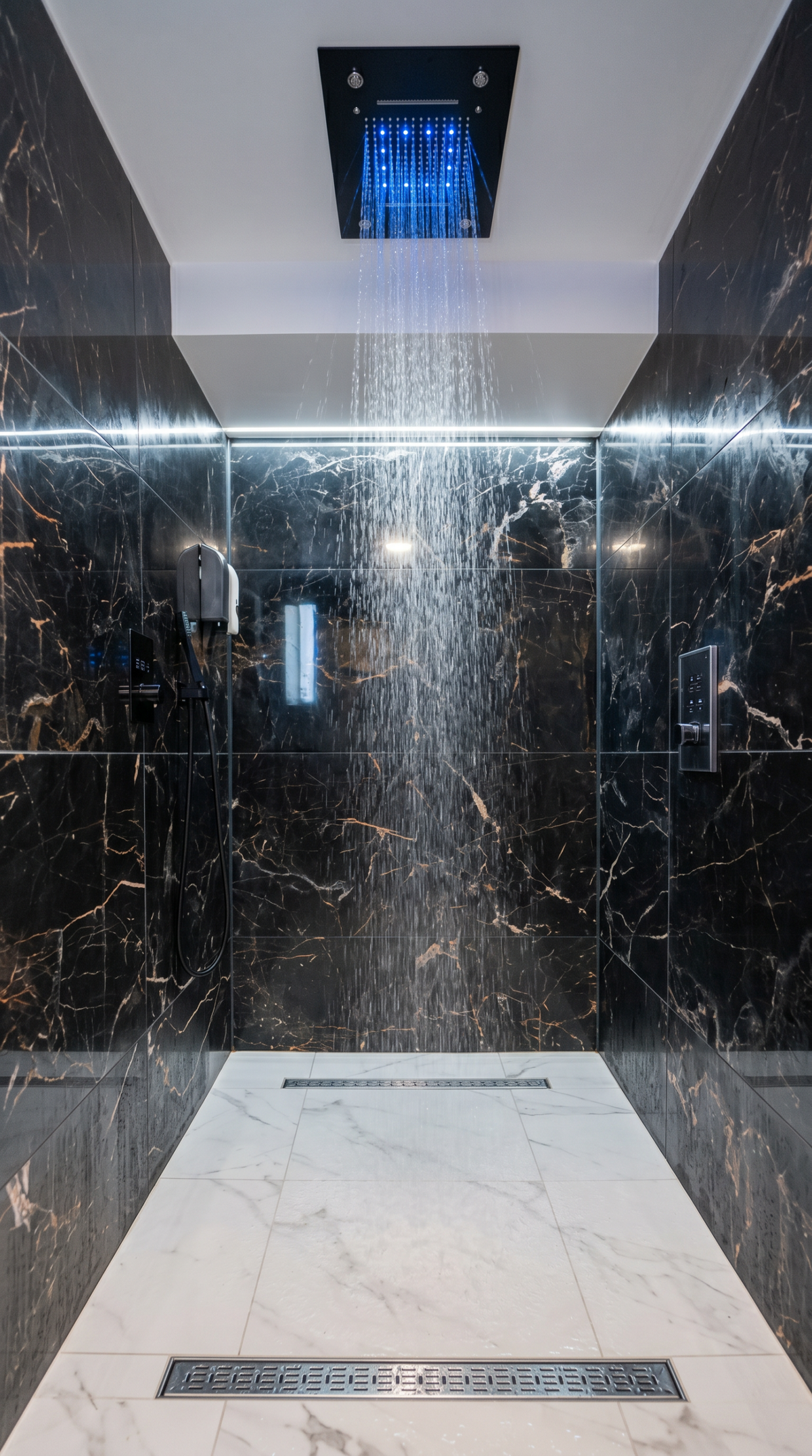 Regendusche im Private Spa der Wellnesslounge Hanau – moderner Wellnessbereich mit großflächiger Dusche, edler Steinoptik und exklusiver Spa Atmosphäre