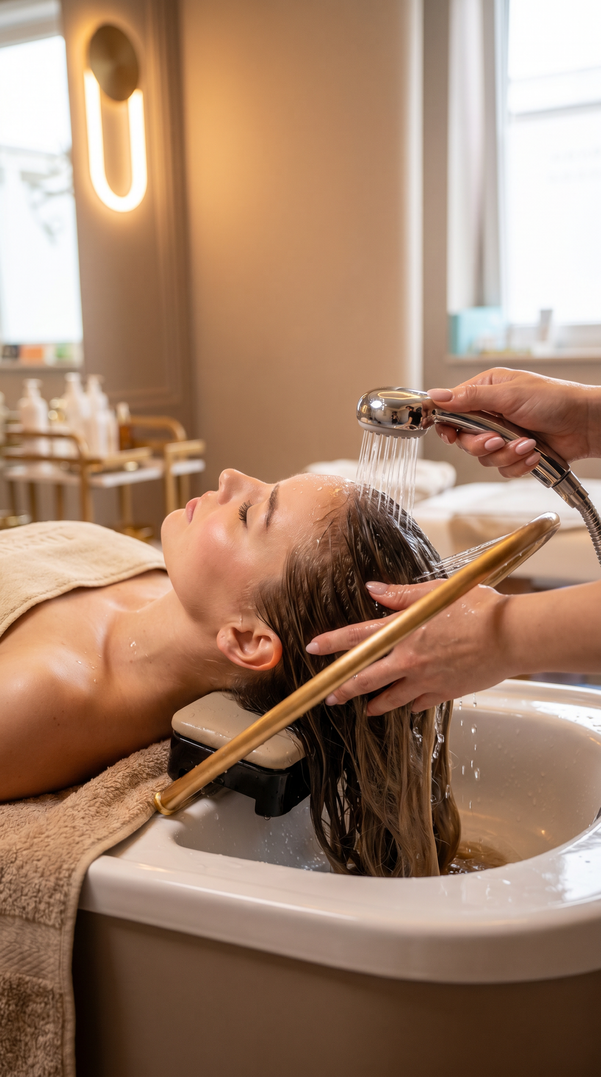 Head Spa Behandlung in der Fandodermal Praxis Wiesbaden – pflegende Haarspülung mit Waterfall Ritual zur Reinigung, Entspannung und Pflege von Haaren und Kopfhaut