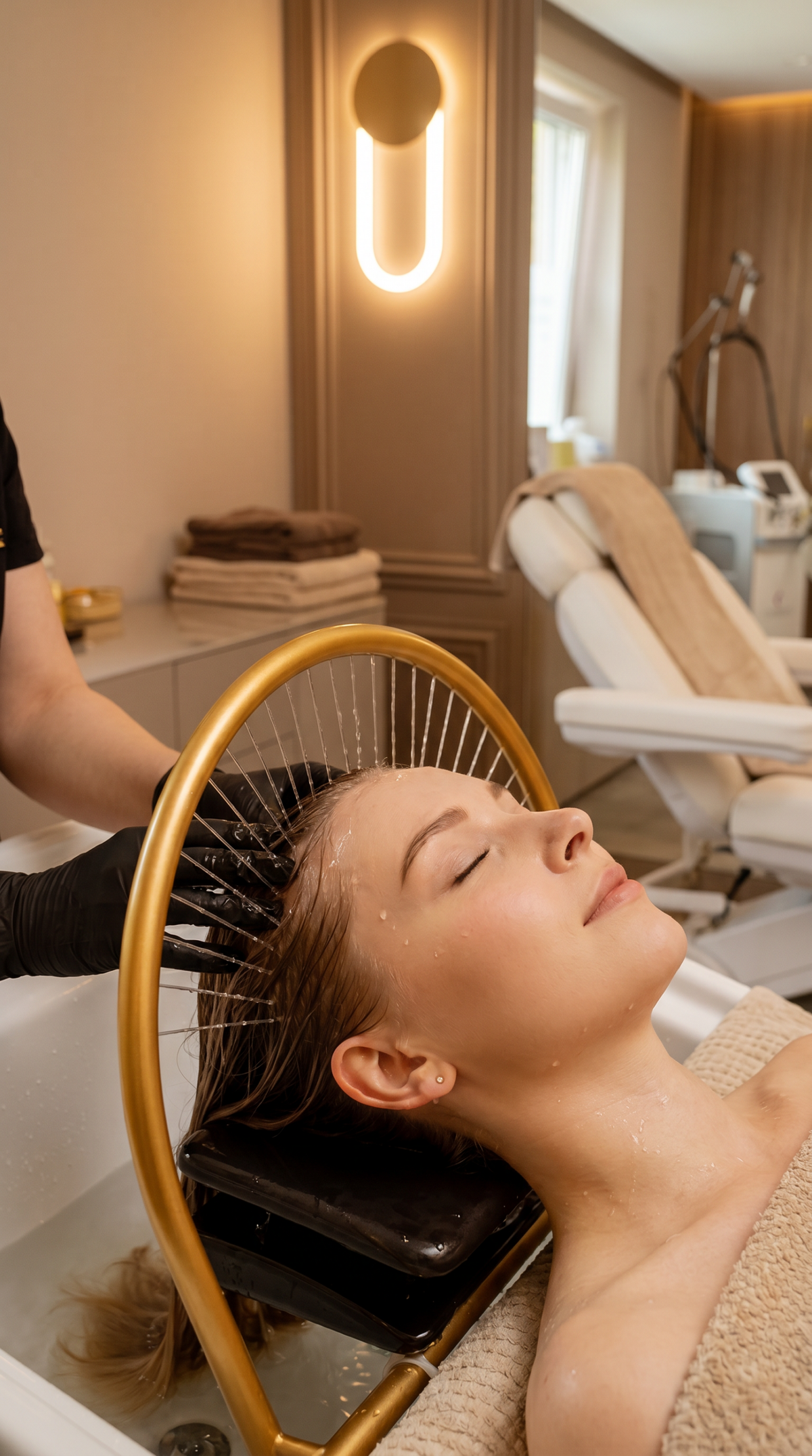 Head Spa Behandlung in der Fandodermal Praxis Wiesbaden – entspannende Kopfhautmassage mit Waterfall Ritual zur Pflege von Haaren und Kopfhaut