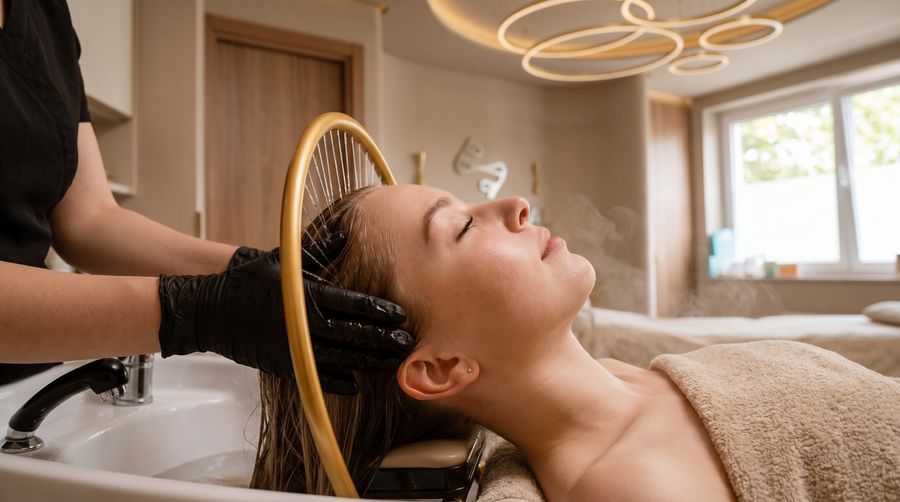 Head Spa Behandlung in der Fandodermal Praxis Wiesbaden – entspannendes Waterfall Ritual mit fließendem Wasser zur Pflege von Kopfhaut und Haaren