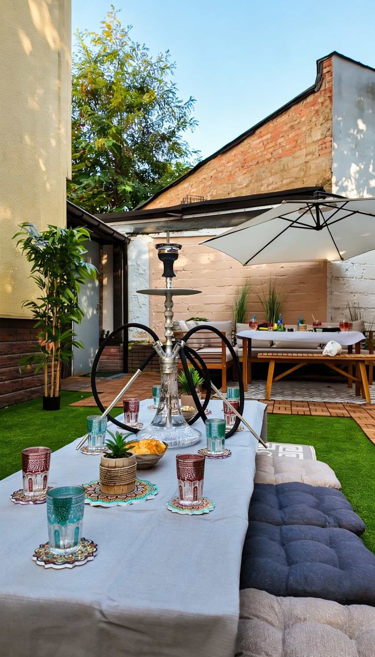 Private Spa Deluxe im Westenbad Langen mit Shisha, gedecktem Tisch, Loungebereich und entspannter Outdoor-Atmosphäre