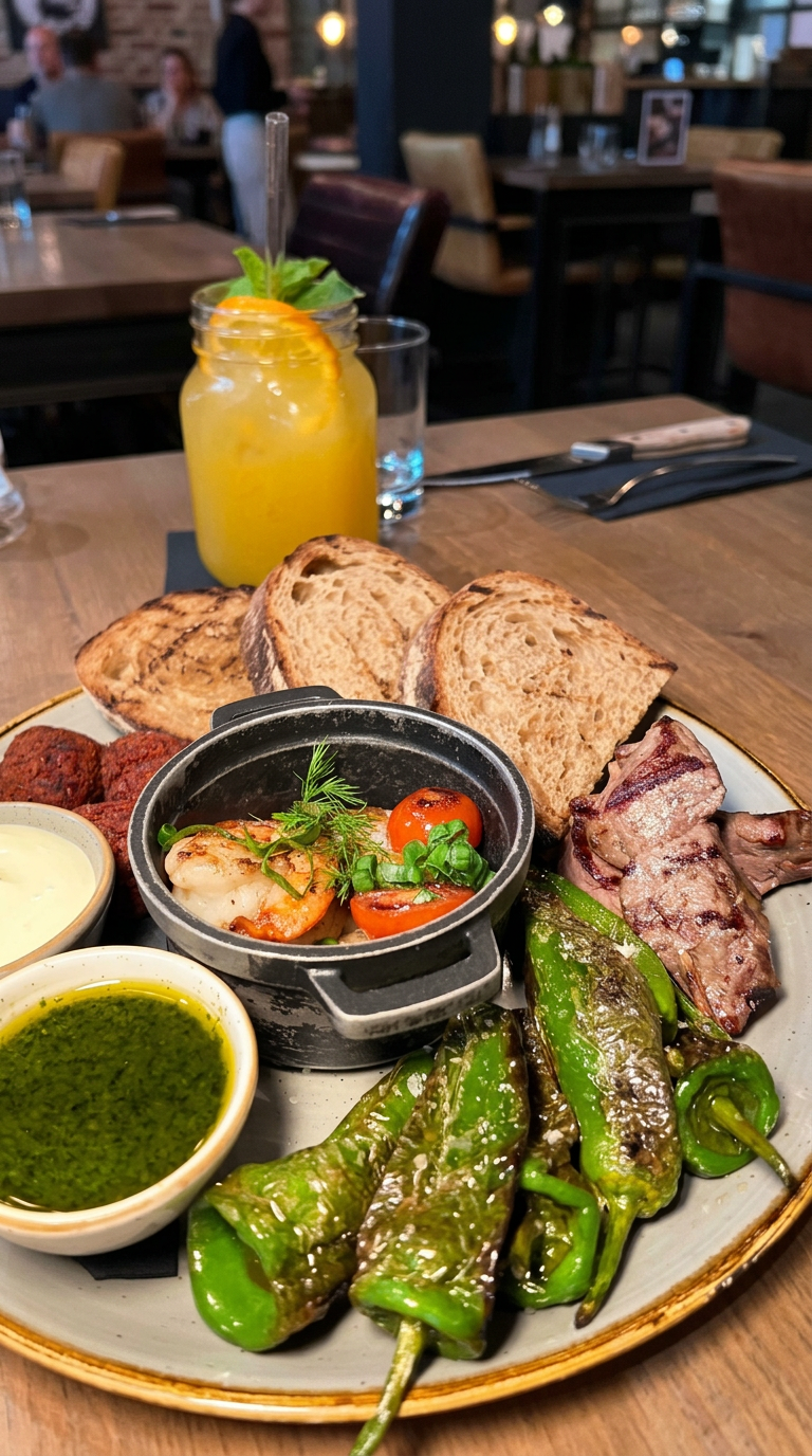 Vorspeisenplatte bei The ASH Essen – Auswahl aus Garnelen, gegrilltem Gemüse, Brot, Dips und mediterranen Spezialitäten