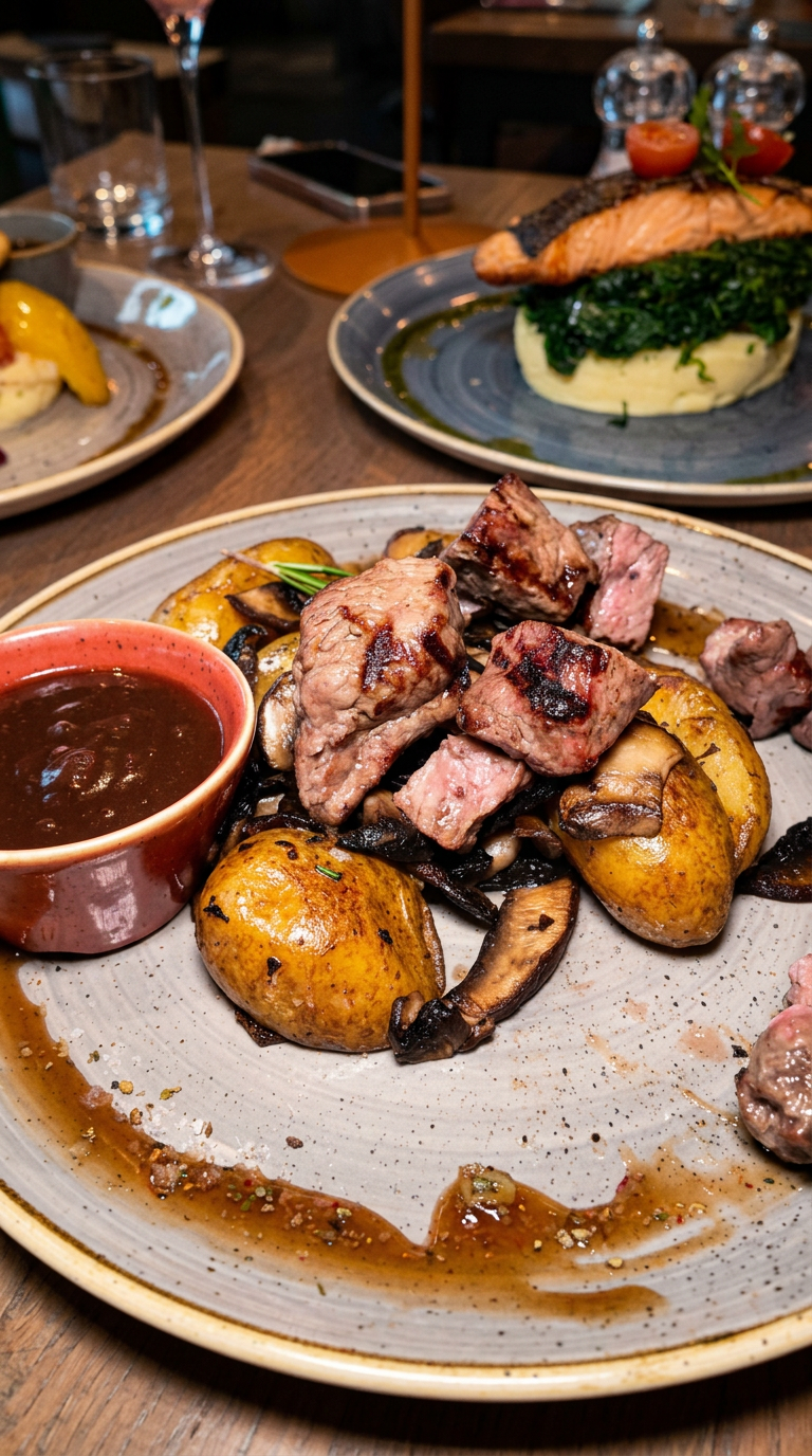 Butcher's Choice bei The ASH Essen – gegrilltes Steak mit Ofenkartoffeln, Pilzen und würziger Sauce auf einem stilvoll angerichteten Teller