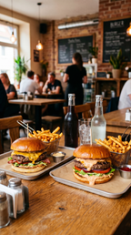 Burger Menü für zwei bei Burger Bites Essen – zwei saftige Burger mit knusprigen Pommes und Getränken im modernen Restaurantambiente