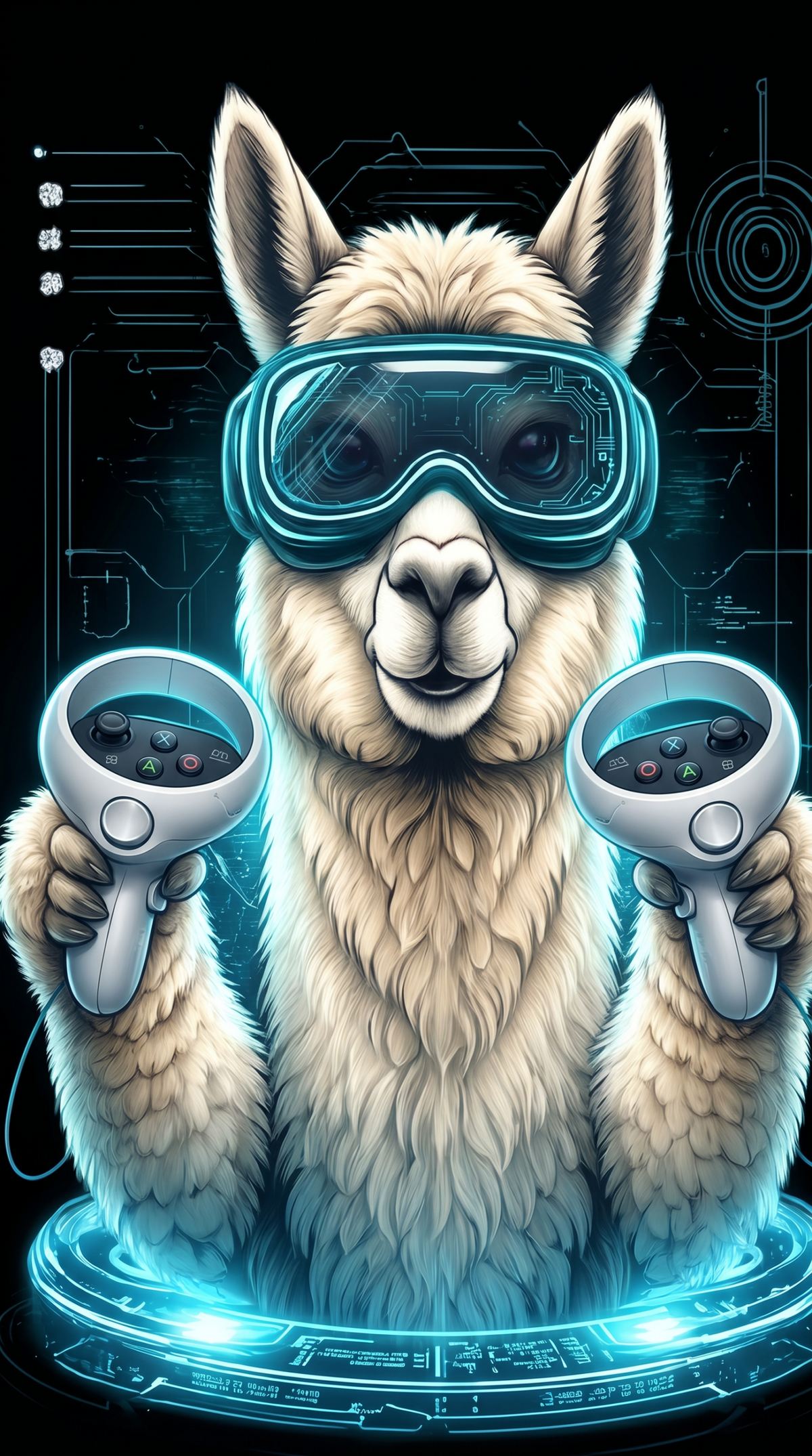 Gezeichnetes Alpaka mit VR Brille und Controllern bei Hägerzeit Münster – kreative Illustration für ein virtuelles Tiererlebnis