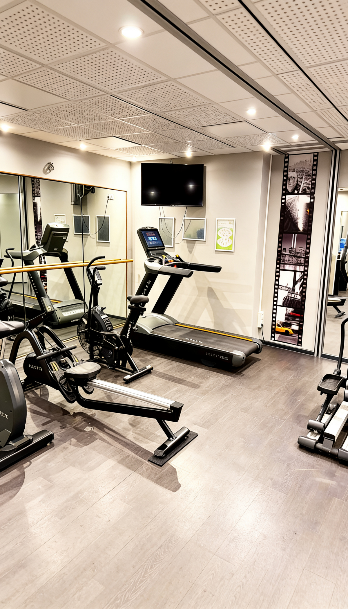 Fitnessbereich im Alma Spa Frankfurt – moderner Trainingsraum mit Laufband, Ergometer und Kraftgeräten für aktives Wellness und Fitnesstraining