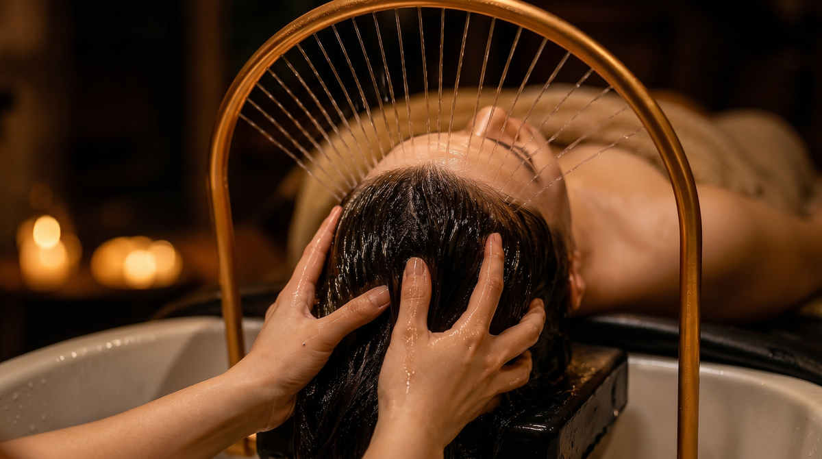 Head Spa bei Almas Spa Frankfurt – entspannende Kopfhautmassage zur Förderung der Durchblutung, Regeneration und des Wohlbefindens in exklusiver Spa Atmosphäre