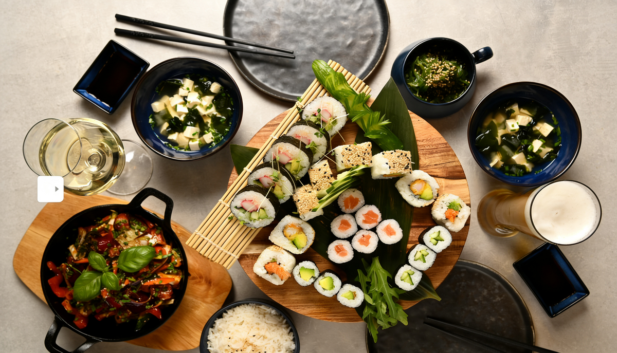Sushi Menü bei DUI Sushi Dortmund – große Sushi Platte mit Maki, Special Rolls, Nigiri und asiatischen Beilagen auf einem gedeckten Tisch