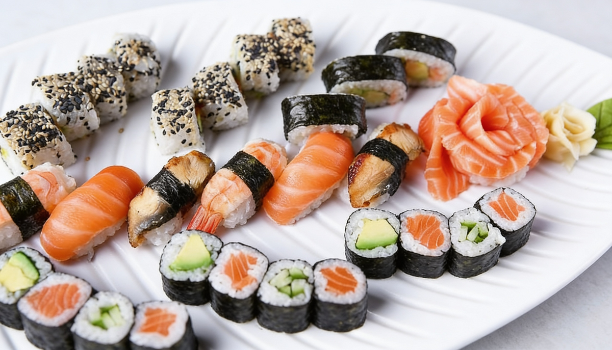 Sushi Platte bei DUI Sushi Bochum – Auswahl aus Maki, Nigiri, Lachs Sushi und asiatischen Spezialitäten auf weißem Teller