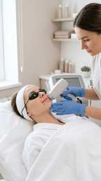 Laser Haarentfernung bei Ricci Hair & Beauty Düsseldorf – professionelle Behandlung im Gesichtsbereich mit Schutzbrille zur dauerhaften Haarreduktion