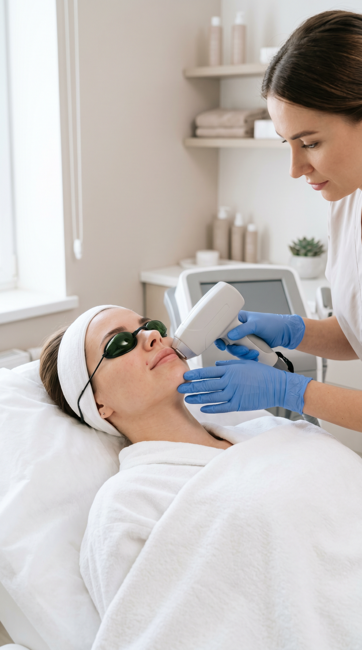 Laser Haarentfernung bei Ricci Hair & Beauty Düsseldorf – professionelle Behandlung im Gesichtsbereich mit Schutzbrille zur dauerhaften Haarreduktion