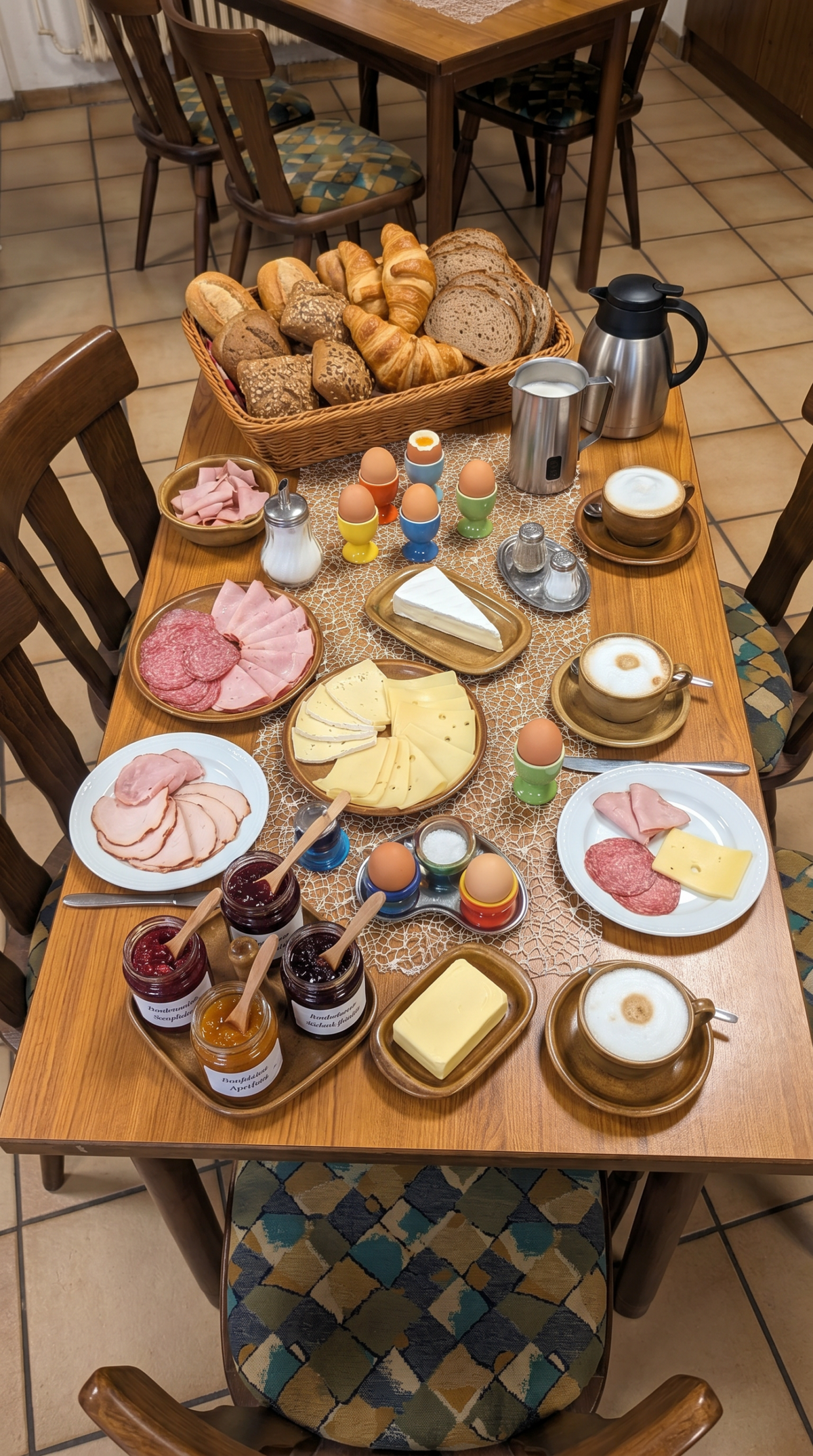 Frühstücksbuffet bei Gastro All Bü Schü Wattenscheid – reich gedeckter Tisch mit Brötchen, Aufschnitt, Käse, Ei, Marmelade, Kaffee und weiteren Frühstücksspezialitäten