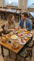 Frühstücksbuffet bei Gastro All Bü Schü Wattenscheid – Paar genießt eine reichhaltige Auswahl mit Brötchen, Aufschnitt, Käse, Ei, Kaffee, Orangensaft und weiteren Frühstücksspezialitäten