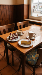 Kaffee und Kuchen bei Gastro All Bü Schü Wattenscheid – hausgemachte Kuchenstücke und Kaffeespezialitäten auf einem gemütlich gedeckten Cafétisch