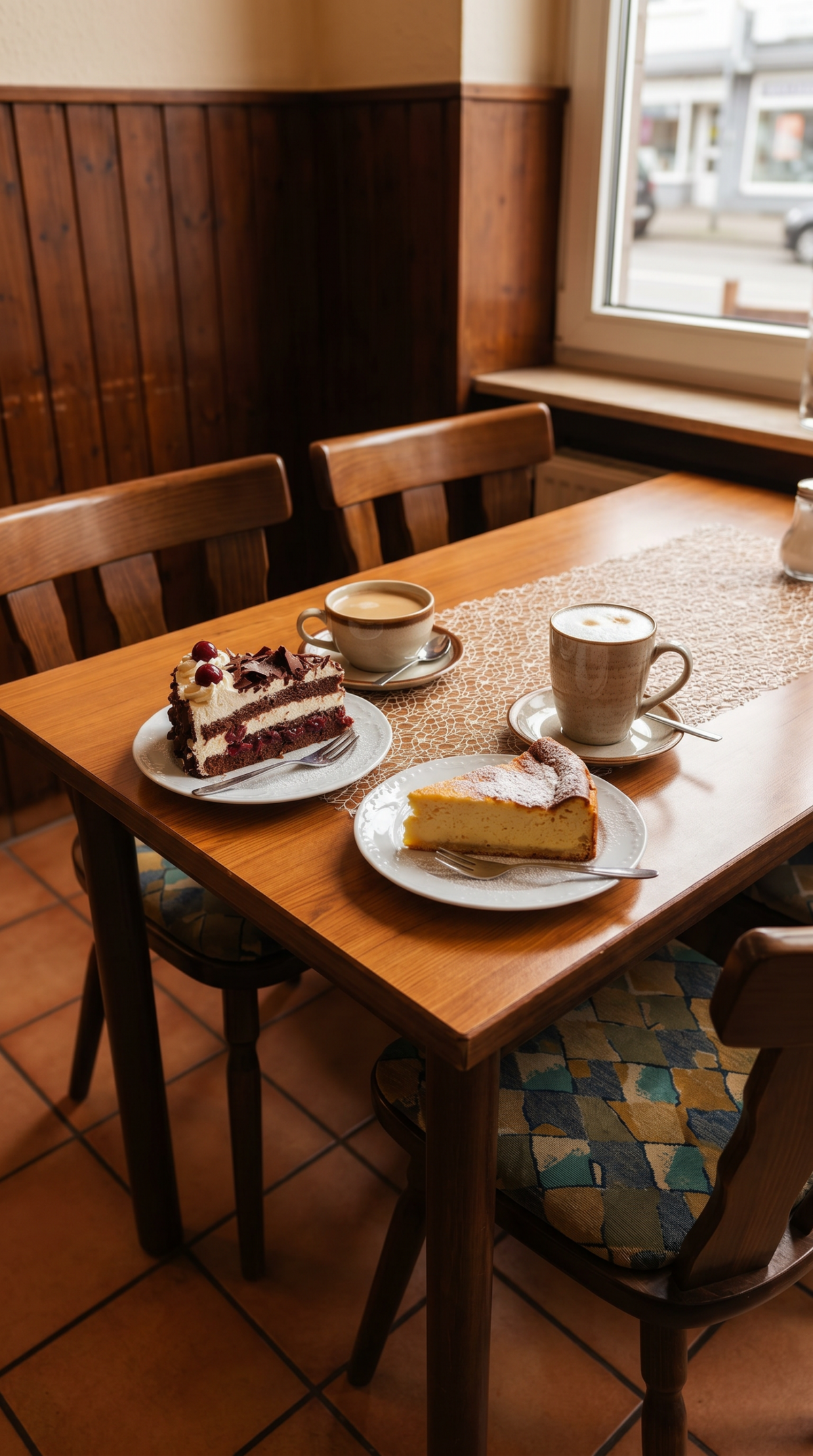 Kaffee und Kuchen bei Gastro All Bü Schü Wattenscheid – hausgemachte Kuchenstücke und Kaffeespezialitäten auf einem gemütlich gedeckten Cafétisch