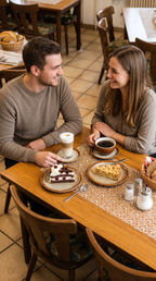 Kaffee und Kuchen bei Gastro All Bü Schü Wattenscheid – zwei Gäste genießen Kaffeespezialitäten sowie hausgemachten Kuchen und Torten in gemütlicher Atmosphäre