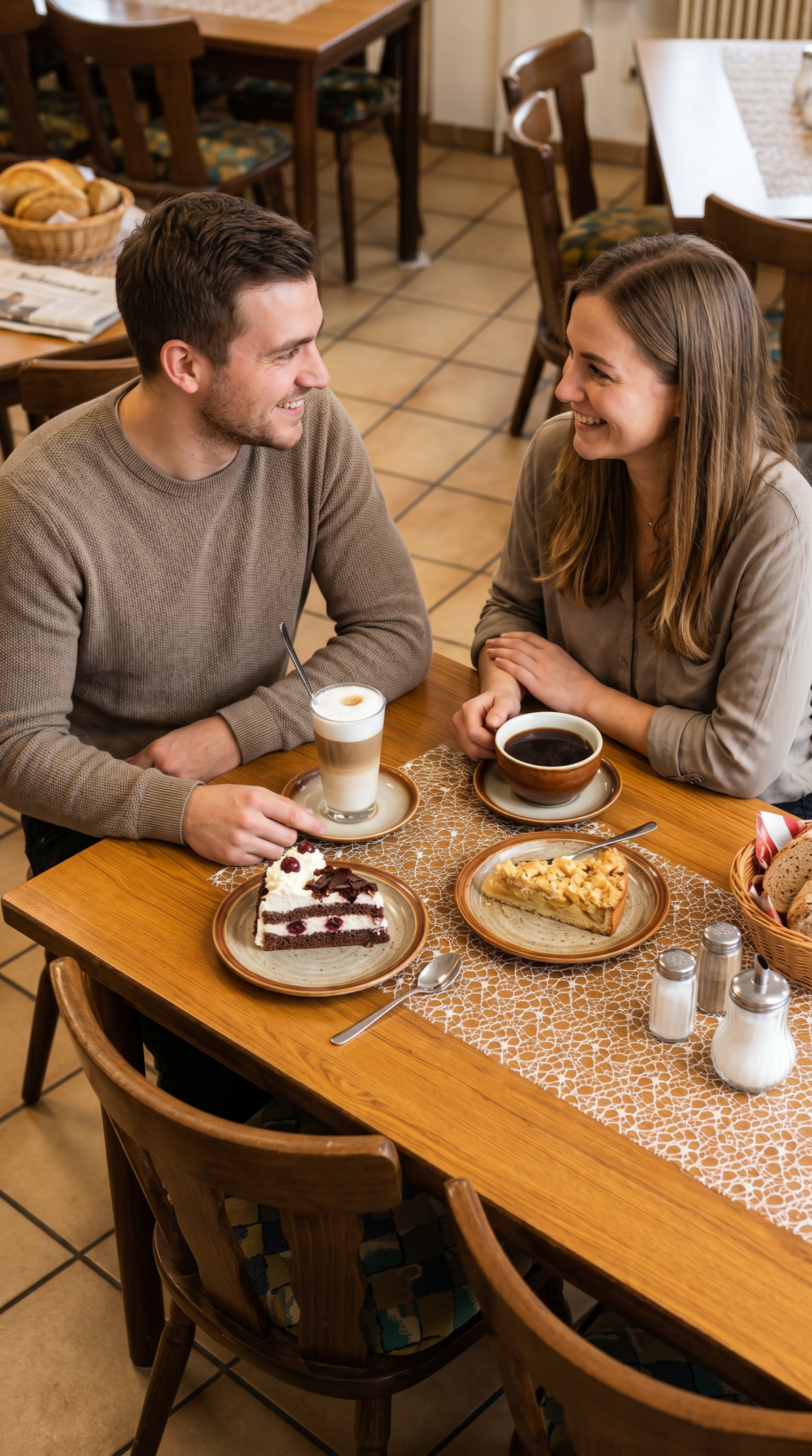 Kaffee und Kuchen bei Gastro All Bü Schü Wattenscheid – zwei Gäste genießen Kaffeespezialitäten sowie hausgemachten Kuchen und Torten in gemütlicher Atmosphäre