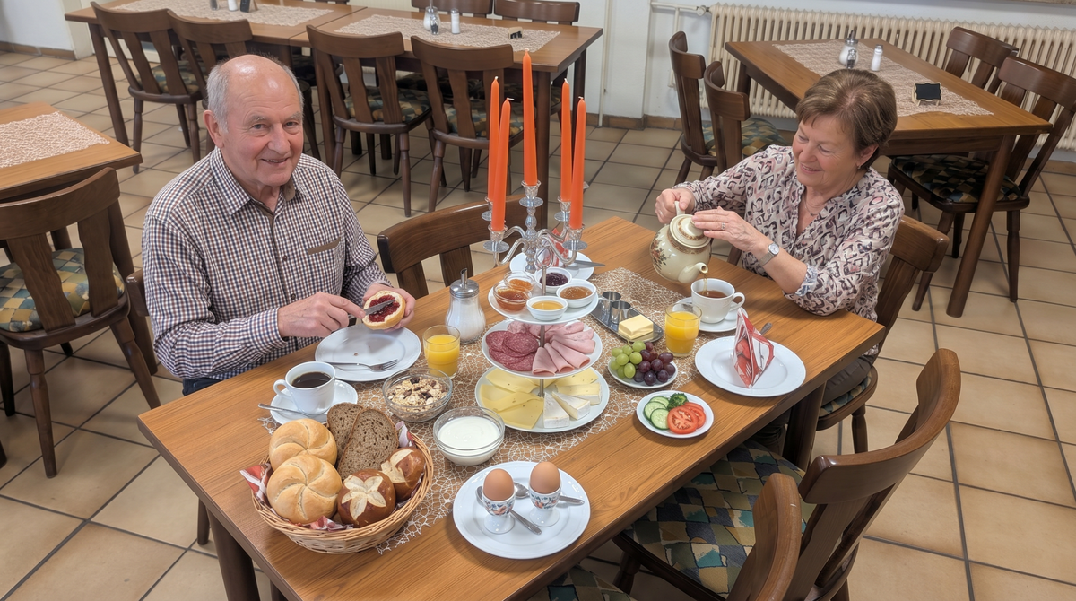 Frühstücksbuffet bei Gastro All Bü Schü Wattenscheid – zwei Gäste genießen eine vielfältige Auswahl mit Brötchen, Aufschnitt, Käse, Ei, Kaffee und Orangensaft