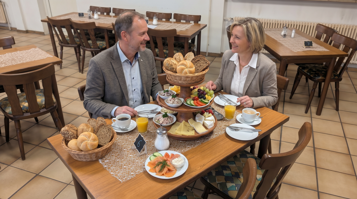 Schlemmerfrühstück bei Gastro All Bü Schü Wattenscheid – Paar genießt ein reichhaltiges Frühstück mit Brötchen, Lachs, Aufschnitt, Käse, Kaffee und Orangensaft
