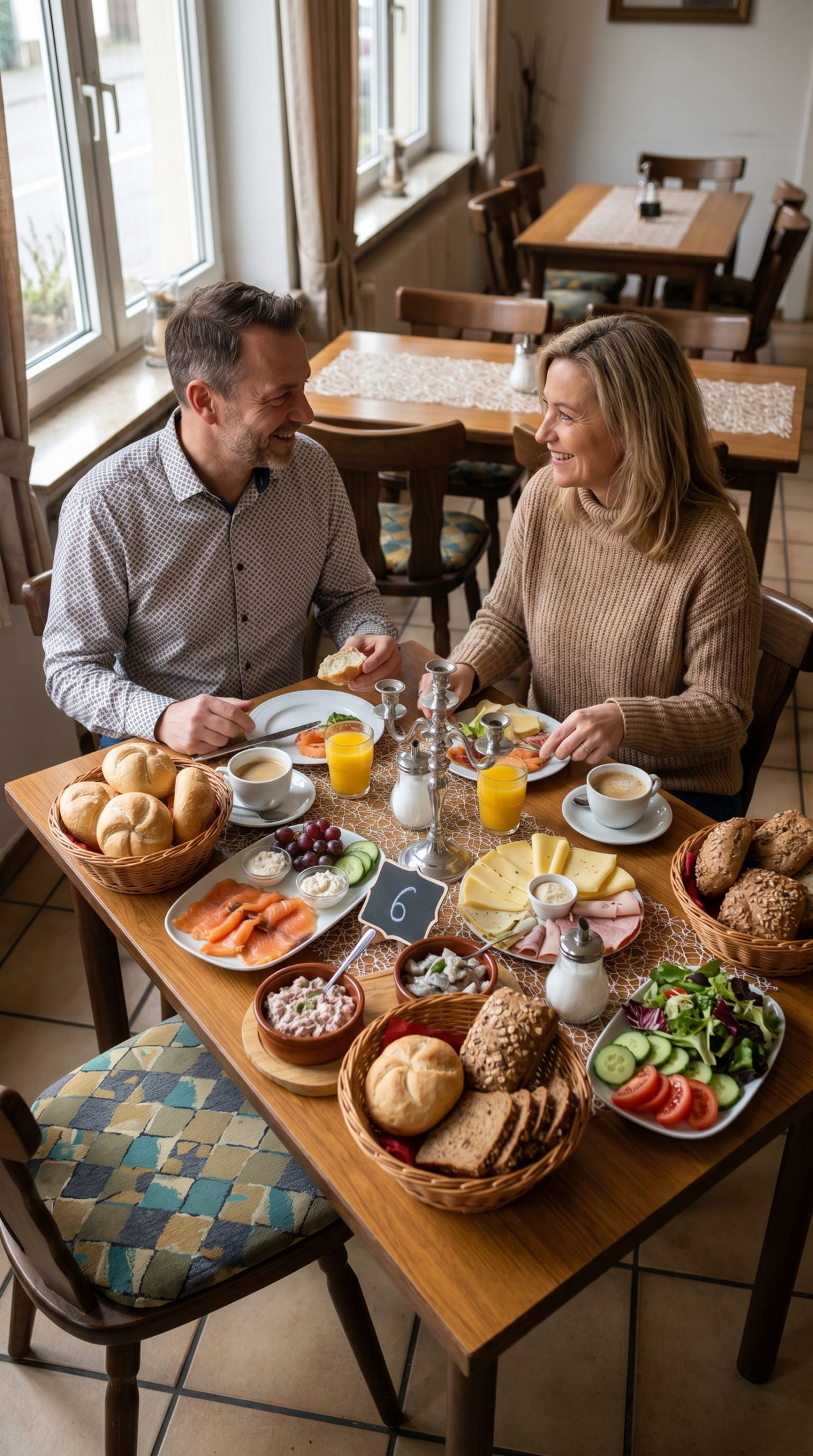 Schlemmerfrühstück bei Gastro All Bü Schü Wattenscheid – reichhaltige Auswahl mit Brötchen, Brot, Lachs, Käse, Aufschnitt, Orangensaft, Kaffee und weiteren Frühstücksspezialitäten