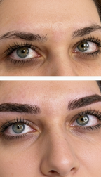 Vorher Nachher Vergleich einer Microblading Behandlung bei Beve Beauty Hanau – natürlich verdichtete und präzise geformte Augenbrauen mit feiner Härchenoptik