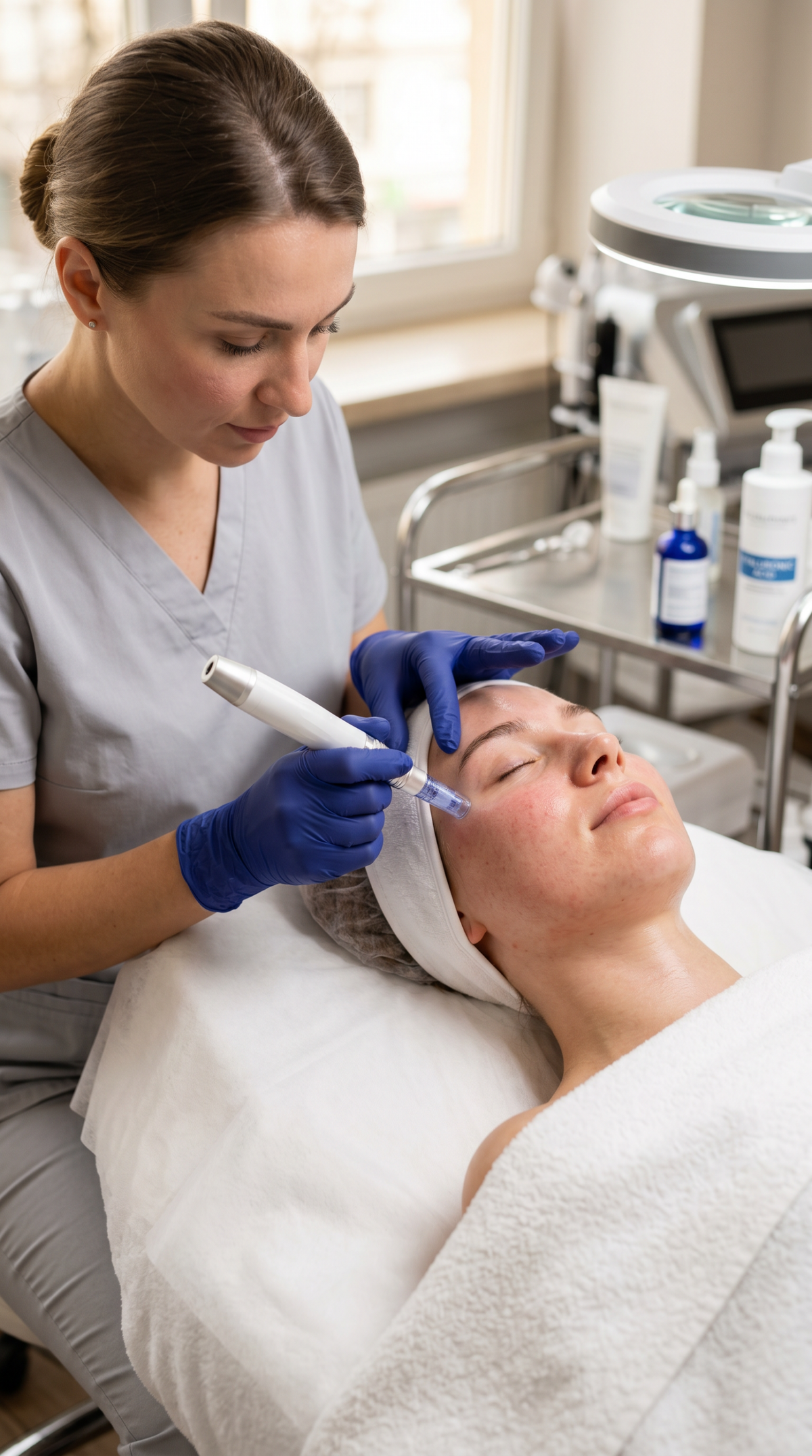Microneedling bei Beve Beauty Hanau – Nahaufnahme einer professionellen Gesichtsbehandlung zur Anregung der Hauterneuerung und Verfeinerung des Hautbildes