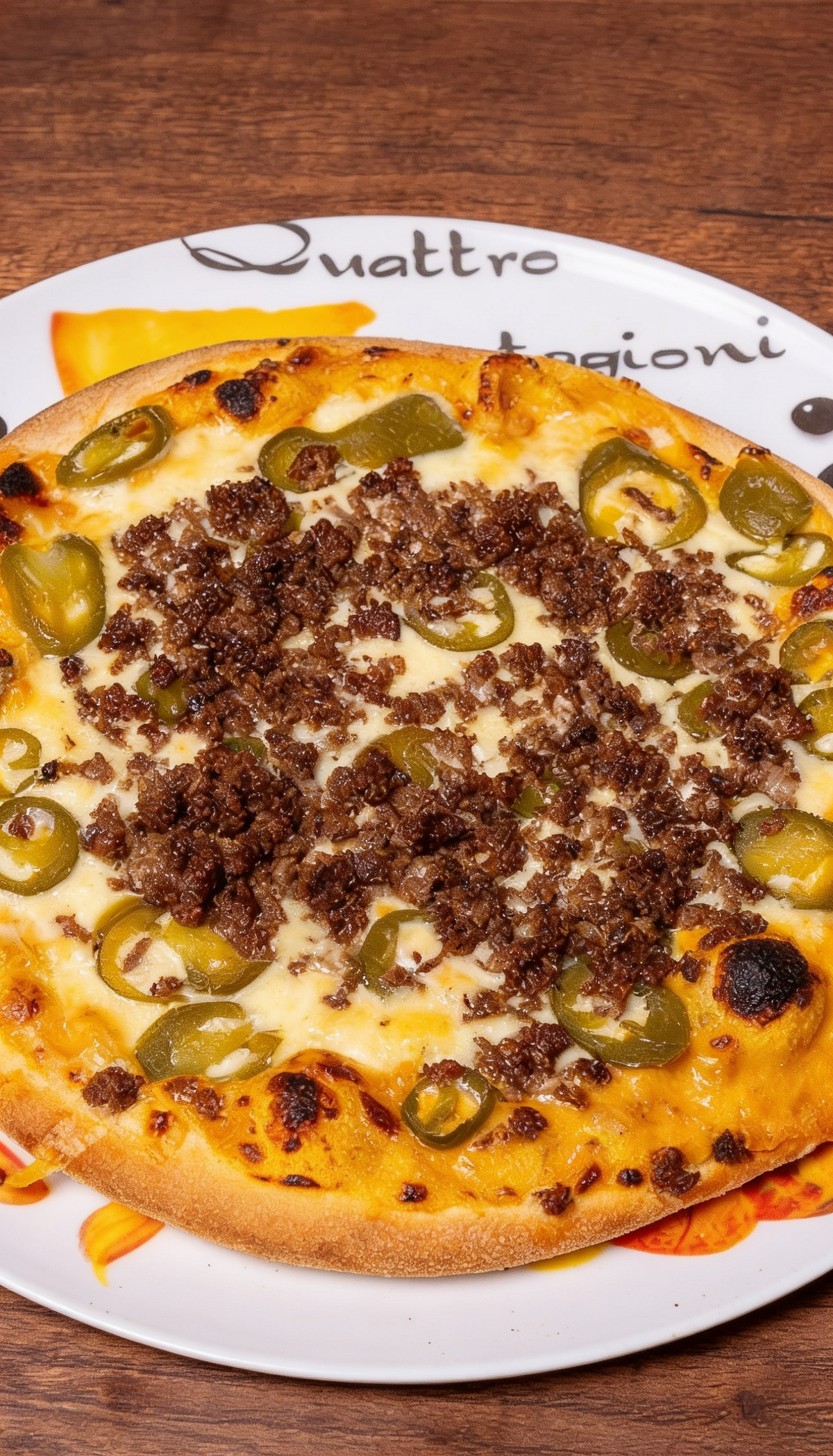 Pizza bei Prados Il Siciliano Dortmund – knusprige Pizza mit würzigem Hackfleisch, Jalapeños und geschmolzenem Käse auf goldbraun gebackenem Teig