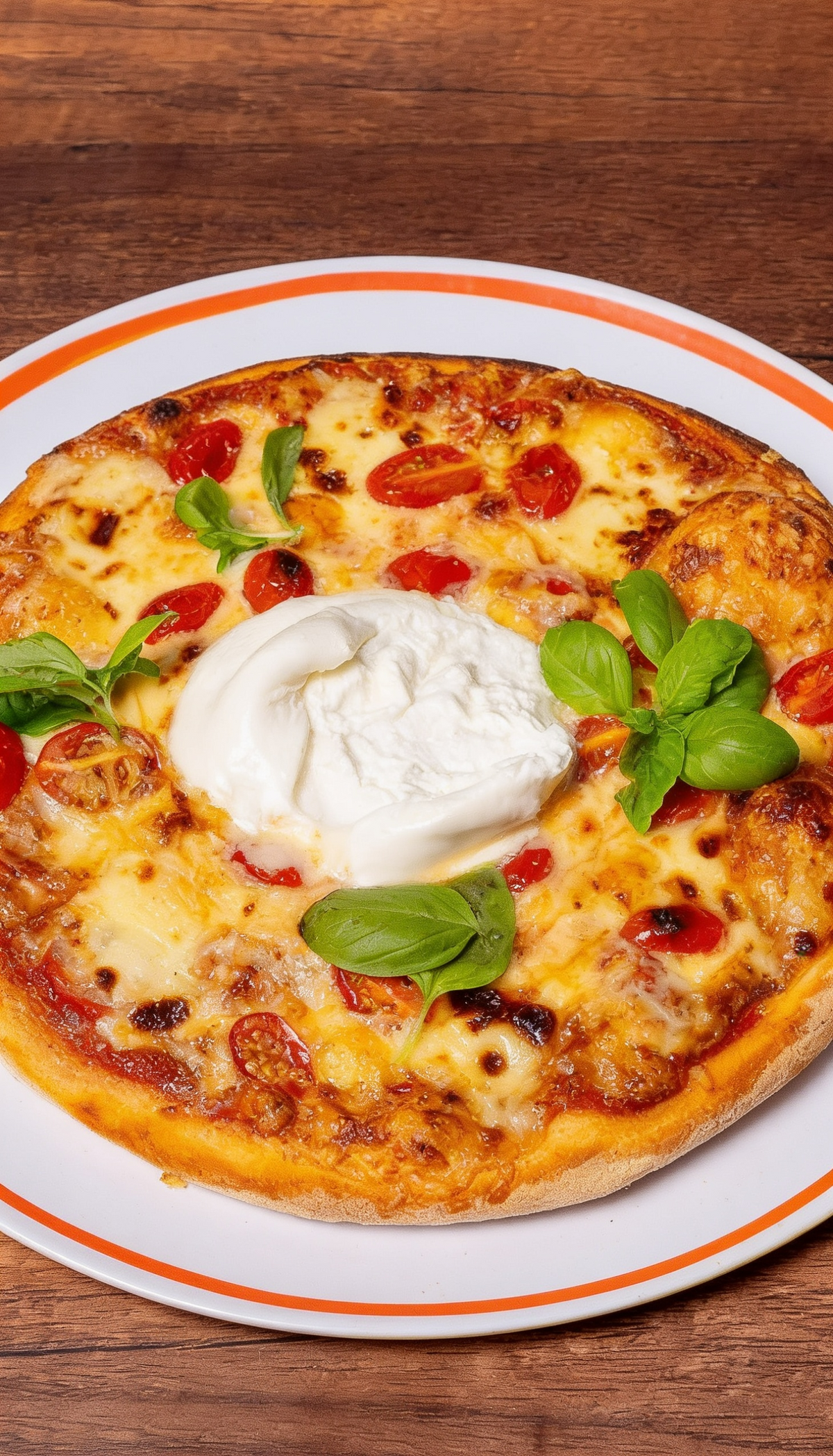 Burrata Pizza bei Prados Il Siciliano Dortmund – knusprige Pizza mit cremiger Burrata, Kirschtomaten, geschmolzenem Käse und frischem Basilikum