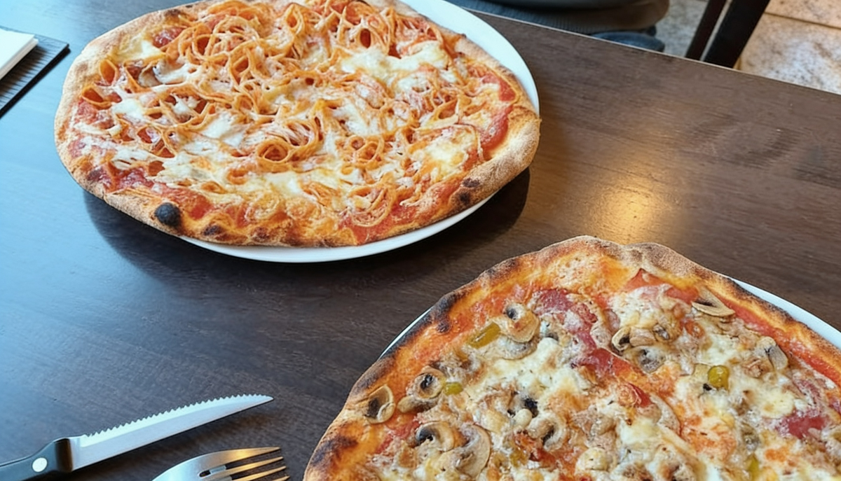 Zwei frisch gebackene Pizzen bei Pizzeria Rusticale in Dortmund, serviert auf Tellern mit verschiedenen Belägen auf einem Holztisch