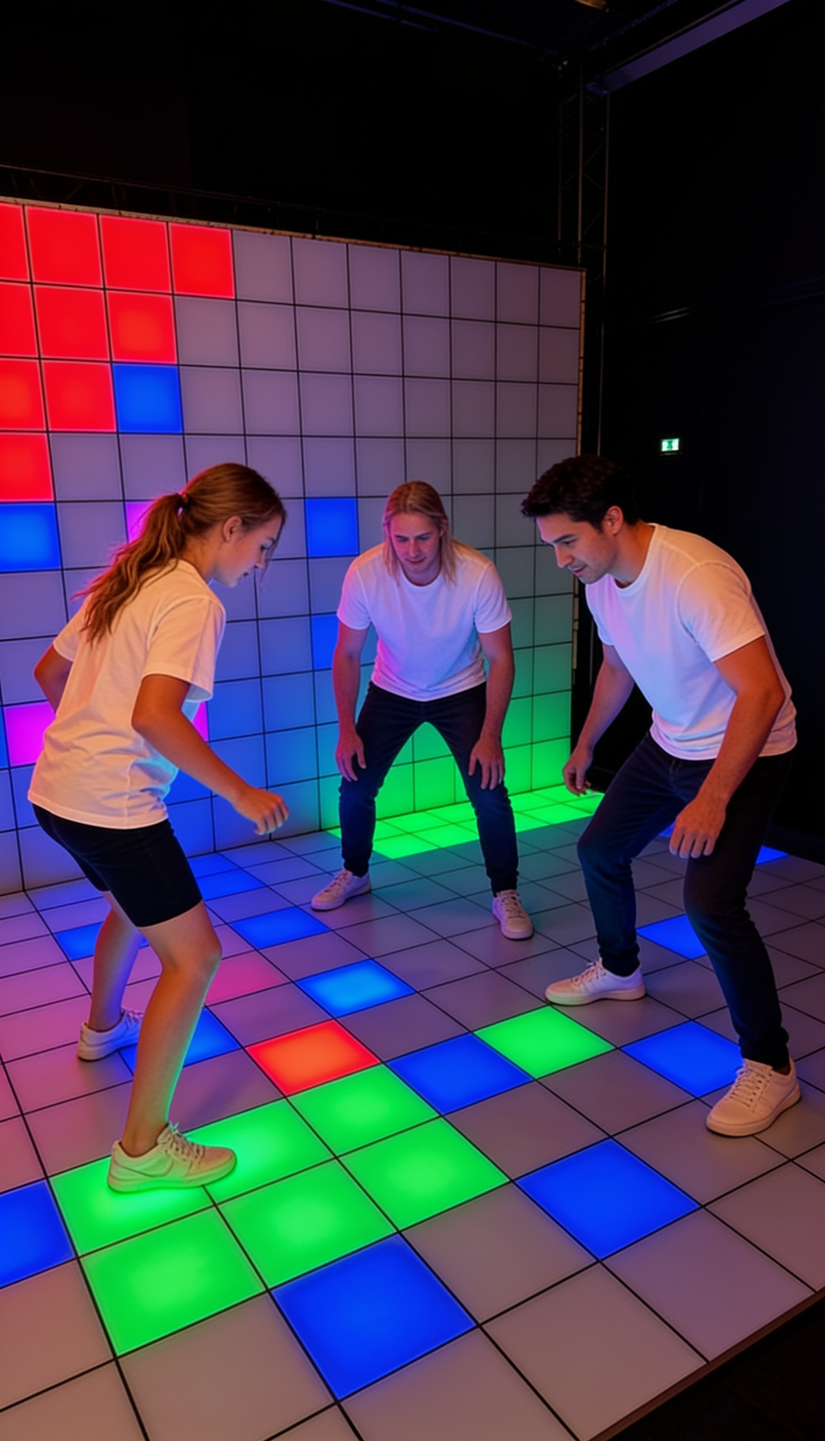 Erwachsene Gruppe im Pixel Room bei Room Escape Frankfurt, die gemeinsam auf einem leuchtenden Spielfeld ein interaktives Erlebnis spielt