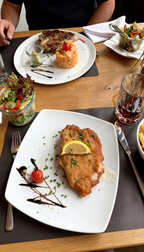Schnitzel bei Westermanns Restaurant und Hotel in Lünen mit Zitrone, Beilagensalat und Getränk auf einem gedeckten Restauranttisch