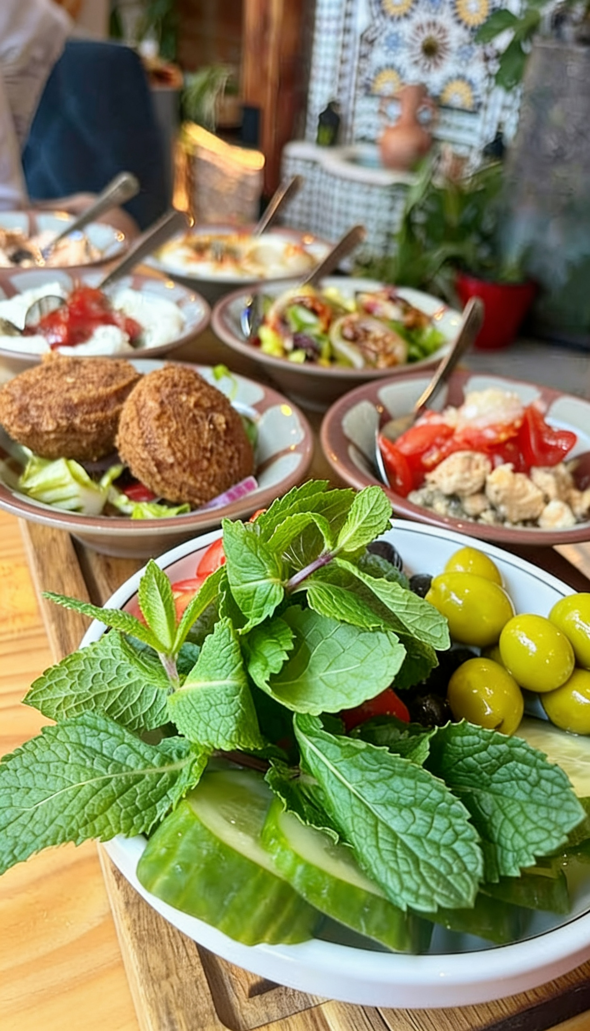 Frische Mezze Auswahl bei Al Moudyaf in Wuppertal mit Minze, grünen Oliven, Falafel, Salat und verschiedenen orientalischen Vorspeisen