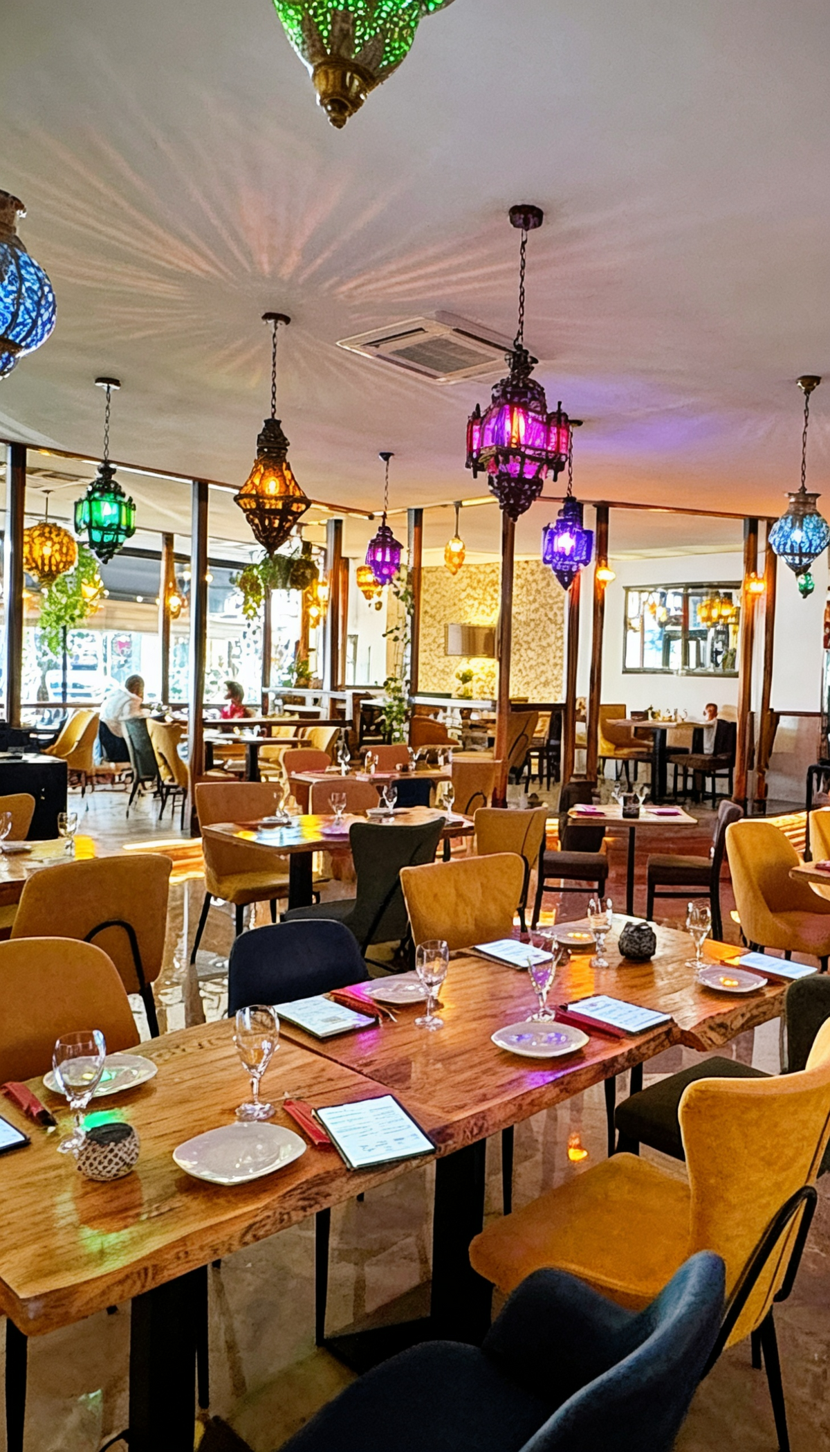 Orientalisches Restaurant Ambiente bei Al Moudyaf in Wuppertal mit gedeckten Tischen, gemütlicher Einrichtung und bunten Hängelampen