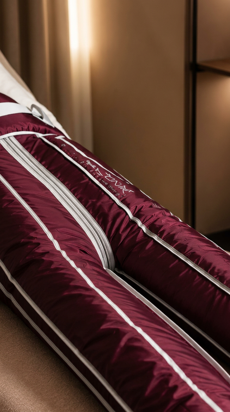 Nahaufnahme einer Lymphdrainage Behandlung bei Dream Body Lounge, bei der eine Druckwellenmanschette an den Beinen für die Anwendung genutzt wird