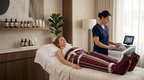 Lymphdrainage Behandlung bei Dream Body Lounge, bei der eine Kundin entspannt auf einer Behandlungsliege liegt und eine Druckwellenmanschette zur Anwendung genutzt wird