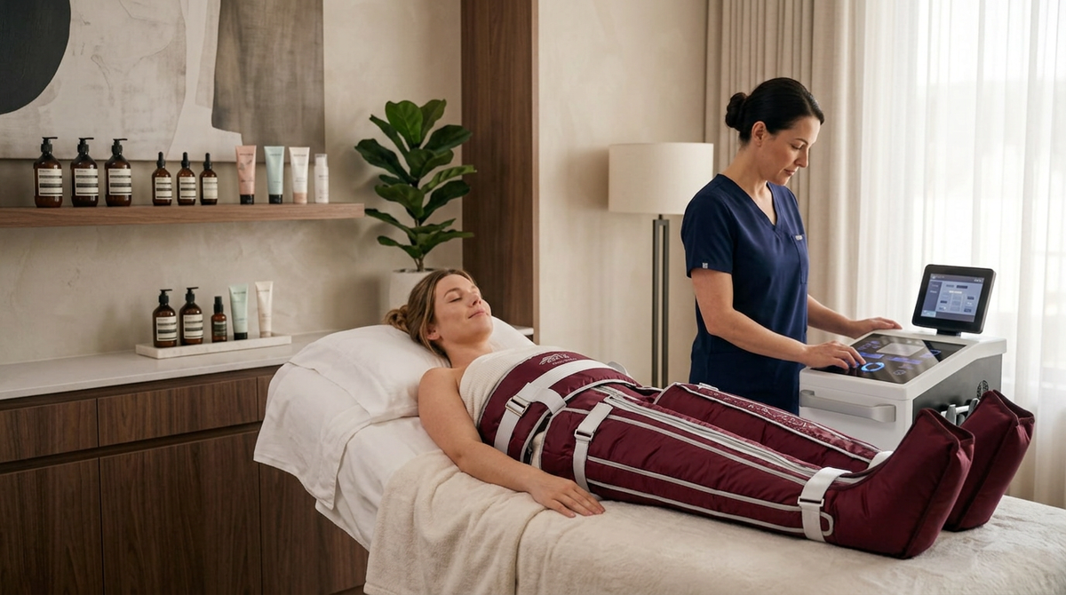 Lymphdrainage Behandlung bei Dream Body Lounge, bei der eine Kundin entspannt auf einer Behandlungsliege liegt und eine Druckwellenmanschette zur Anwendung genutzt wird