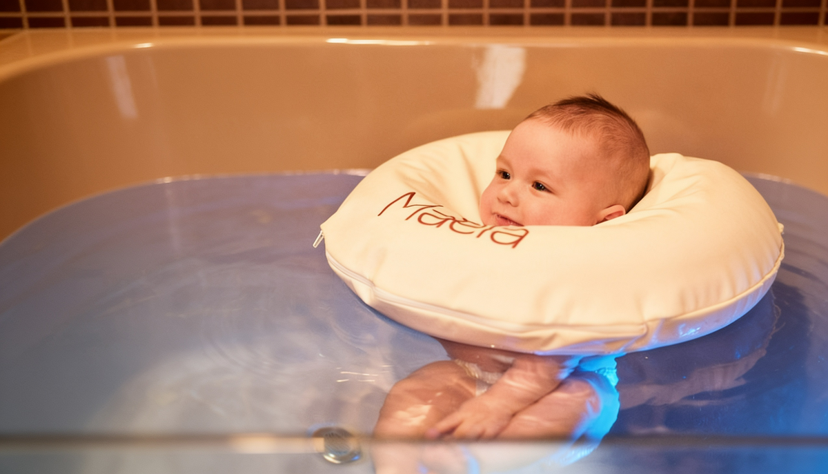 Baby Floating bei Maela Baby Spa Düsseldorf, bei dem ein Baby mit speziellem Schwimmkissen entspannt im warmen Wasser liegt