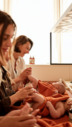 Vorbereitung auf das Baby Floating bei Maela Baby Spa Düsseldorf, während eine Mutter ihr Baby liebevoll begleitet und auf die entspannende Anwendung vorbereitet