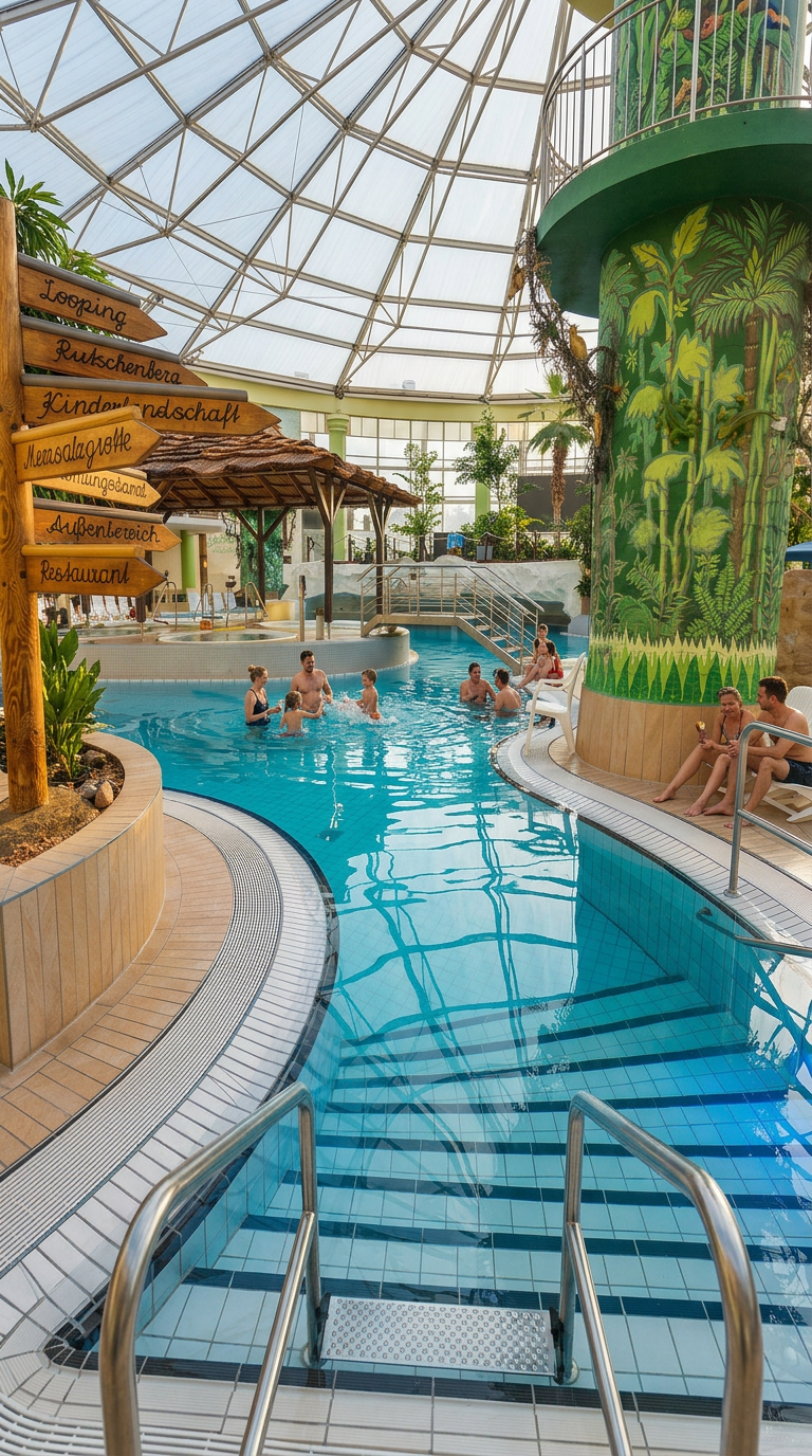 Tropische Badewelt im Aqualand Köln – großzügige Poollandschaft mit Wasserbecken, Palmenmotiven und entspannter Urlaubsatmosphäre unter Glasdach