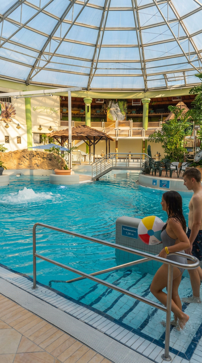 Erlebnisbecken im Aqualand Köln – großzügige tropische Badewelt mit Schwimmbecken, Palmenmotiven und entspannter Urlaubsatmosphäre