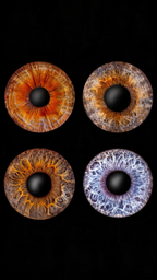 Vier Iris Fotografien von Fotostudio Daniels in Dortmund als detailreiche Collage mit unterschiedlichen Irisfarben und Strukturen auf schwarzem Hintergrund