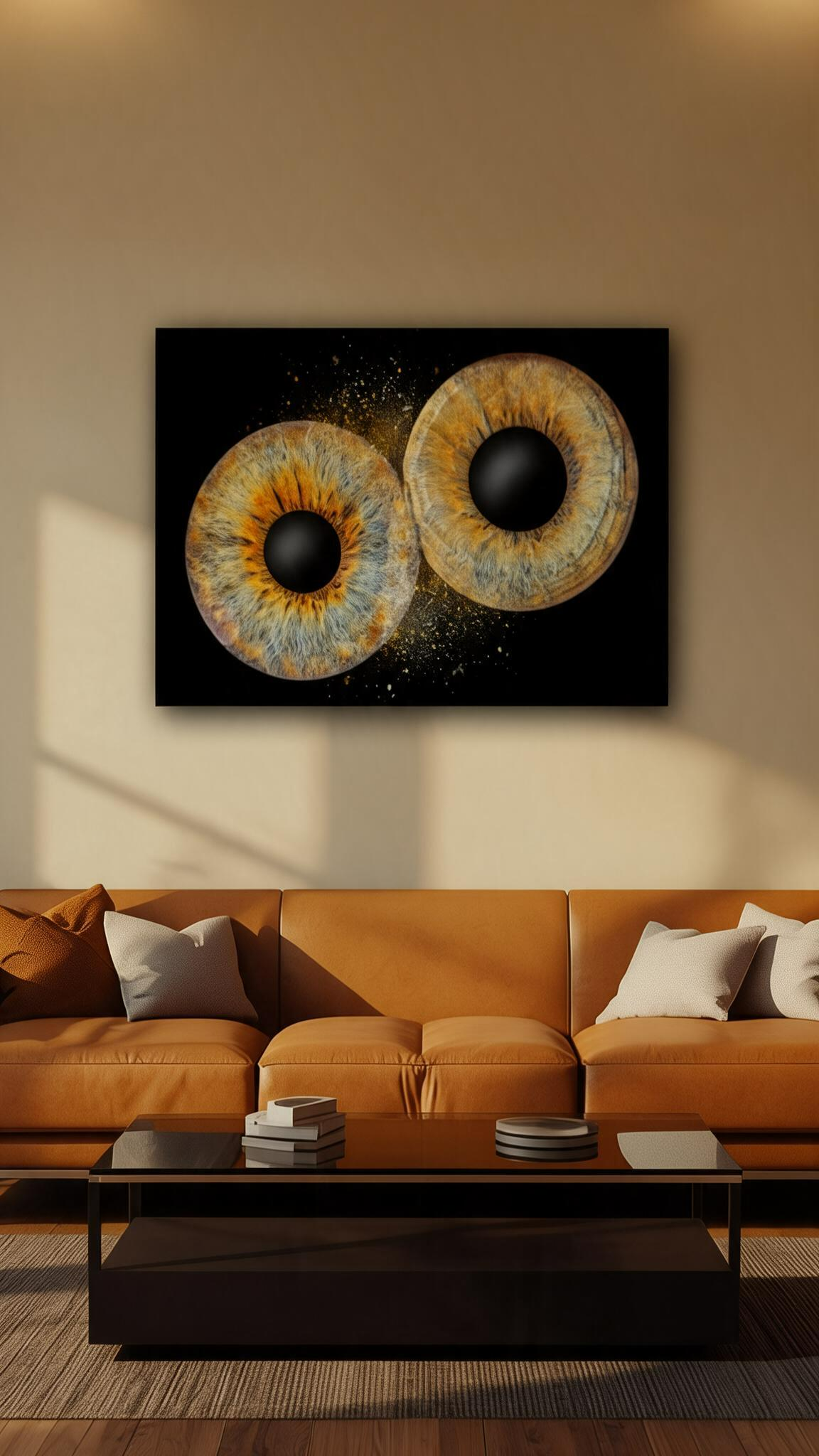 Iris Fotografie von Fotostudio Daniels in Dortmund als hochwertiges Wandbild über einem Sofa in einem modern eingerichteten Wohnzimmer