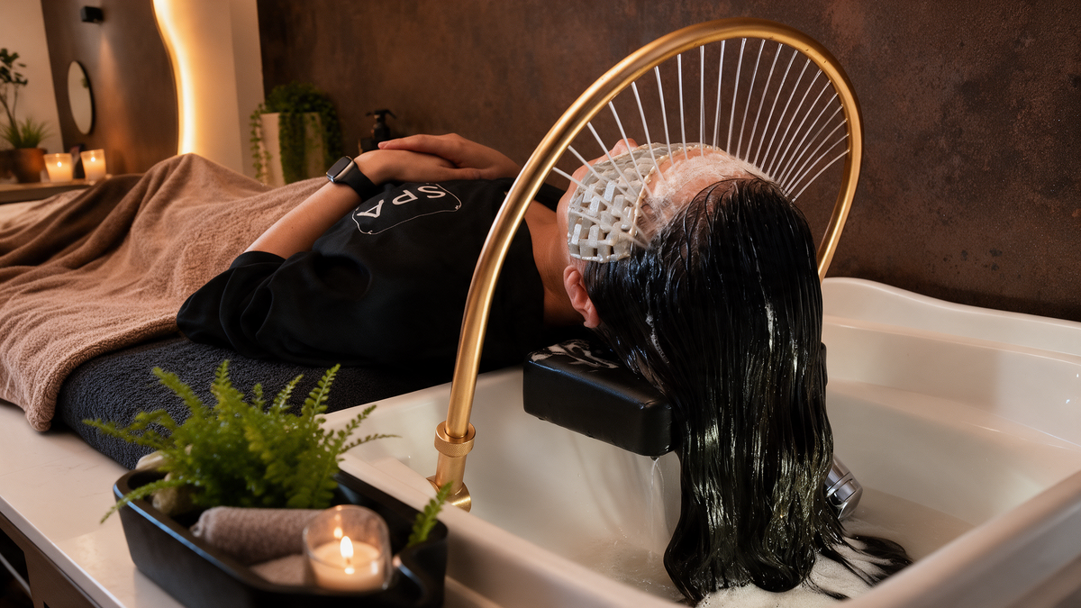 Head Spa Behandlung bei Hair and Headspa CRN in Neu Isenburg mit entspannendem Wasserbogen, Schaum und professioneller Haarpflege am Waschbecken